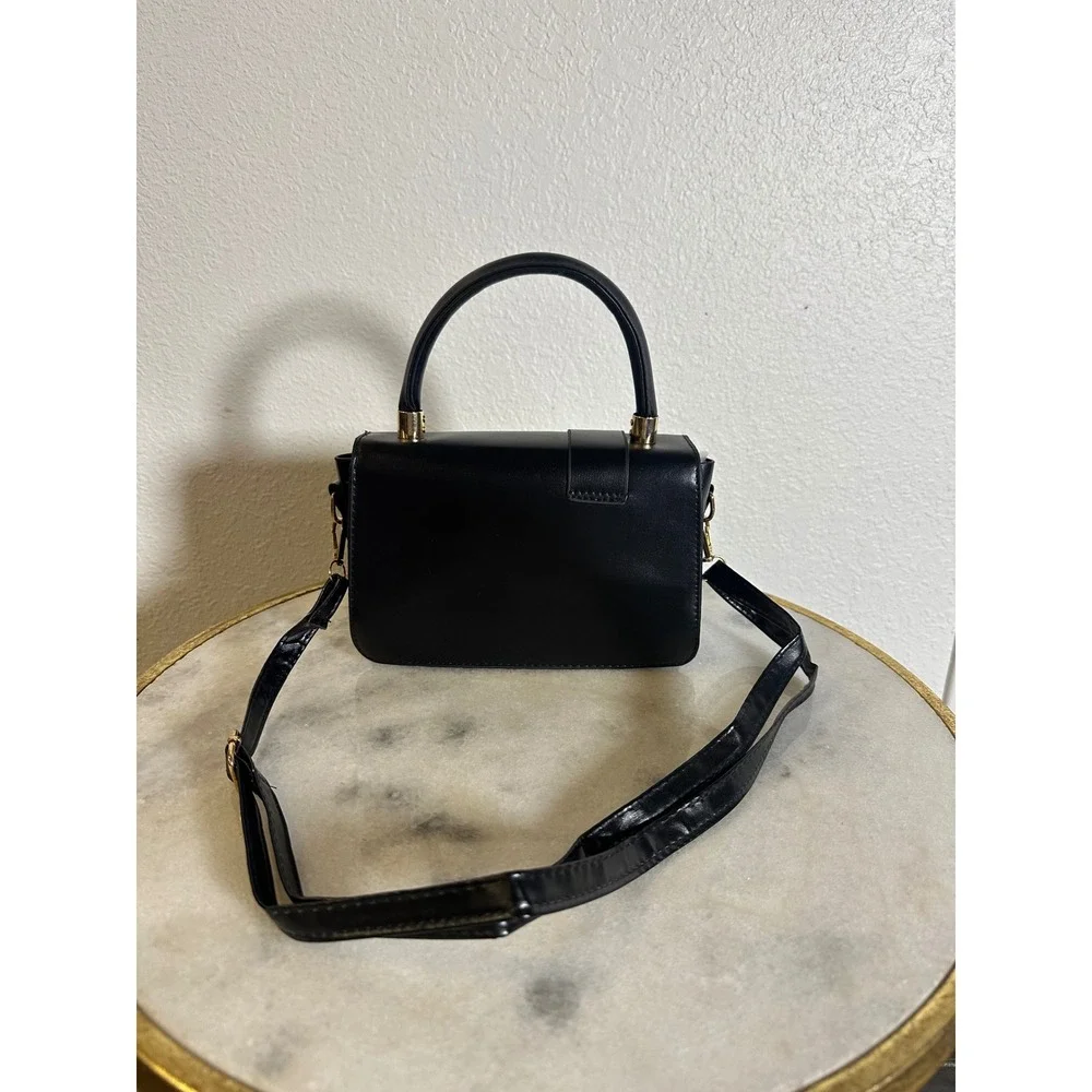 Unbranded Black Vegan Leather Top Handle Satchel Crossbody Bag Gold Hardware